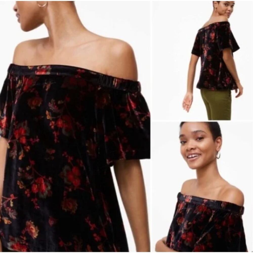 LOFT Petite Black Floral Off Shoulder Velvet Top Size XSP